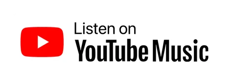 Плашка «Слушайте на» YouTube Music (YouTube Music) — белая версия, PNG с прозрачным фоном