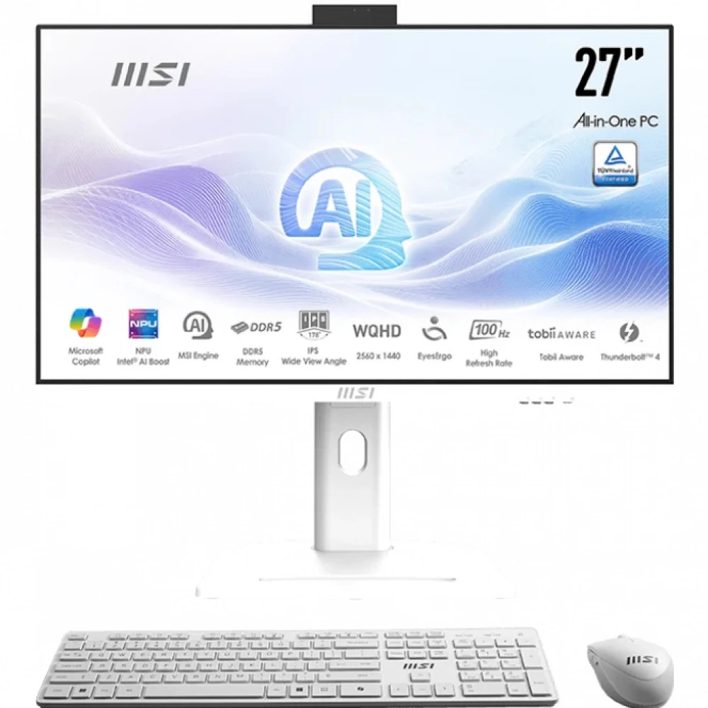 Моноблок MSI Modern AM273QP AI 1UM-095XRU 27" WQHD Core Ultra 7 155H (1.4) 16Gb SSD1Tb Arc graphics CR без ОС 2.5xGbitEth WiFi BT 150W клавиатура мышь Cam белый 2560x1440