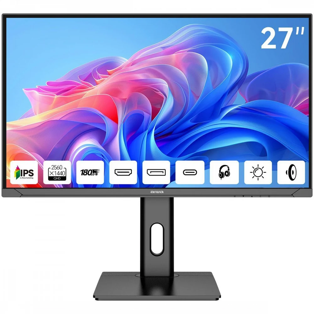 Монитор 27" AIWA MD2714 IPS, 2560x1440, 180Hz, 1ms, 350сd/m, 1200:1, HDR | HDMI(2.0), DP(1.2), Type-C(PD-65W), 2xUSB2.0 | HAS, Pivot, Swivel, ExPSU, Speakers, Vesa 75, Black