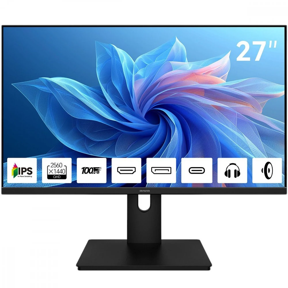 Монитор 27" AIWA MQ271A IPS, 2560x1440, 100Hz, 4ms, 300сd/m, 1500:1, HDR | HDMI(2.0), DP(1.2), Type-C(PD-15W) | InPSU, Speakers, Vesa 100, Black