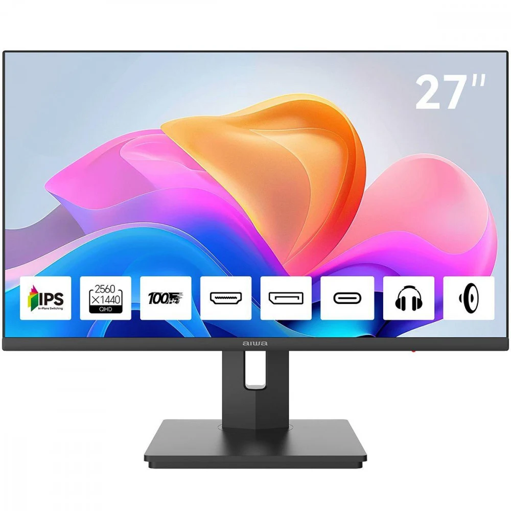 Монитор 27" AIWA MQ275A IPS, 2560x1440, 100Hz, 4ms, 300сd/m, 1500:1, HDR | HDMI(2.0), DP(1.2), Type-C(PD-15W) | HAS, Pivot, Swivel, ExPSU, Speakers, Vesa 100, Black