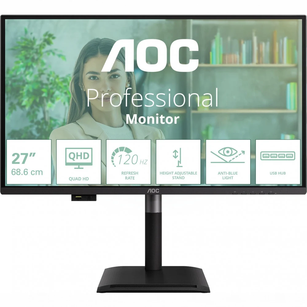 Монитор 27" AOC Q27P4U IPS, 2560x1440, 120Hz, 4ms, 350сd/m, 1500:1 | 2xHDMI(2.0), DP(1.2), Type-C(PD-15W), 3xUSB 3.2 | HAS, Pivot, Swivel, InPSU, Speakers, Vesa 100, Black