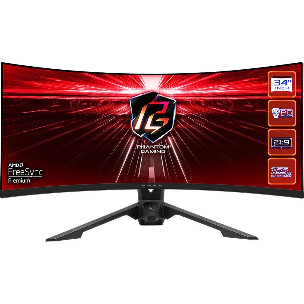 Геймерский Профессиональный Монитор из серии PHANTOM GAIMING 34" ASRock PG34WQ15R3A VA 3440x1440@165Hz 1мс 550cd/m2 3000:1 Curved 1500R, HDR 400, 2xHDMI DP Встроенные колонки 2Wx2, Регулировка высот