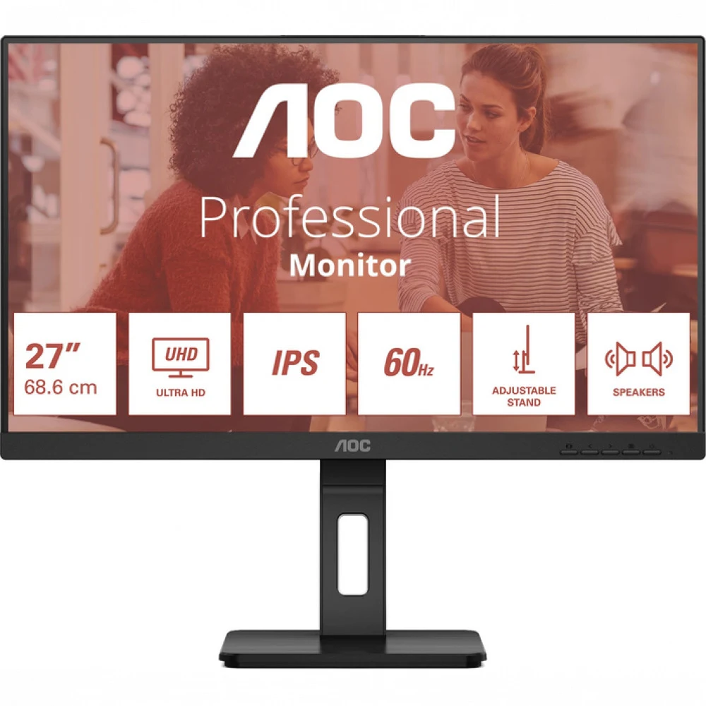 Монитор 27" AOC U27U3CV Black (4K, Nano IPS, 3840x2160, 60Hz, 4 ms, 178°/178°, 400 cd/m, 1300:1 50M:1,2xHDMI 2.0, +DisplayPort 1.4, DP Out, 4 x USB3.2 type A Gen2, USB-C Docking (96Вт), LAN, SPK, Pi