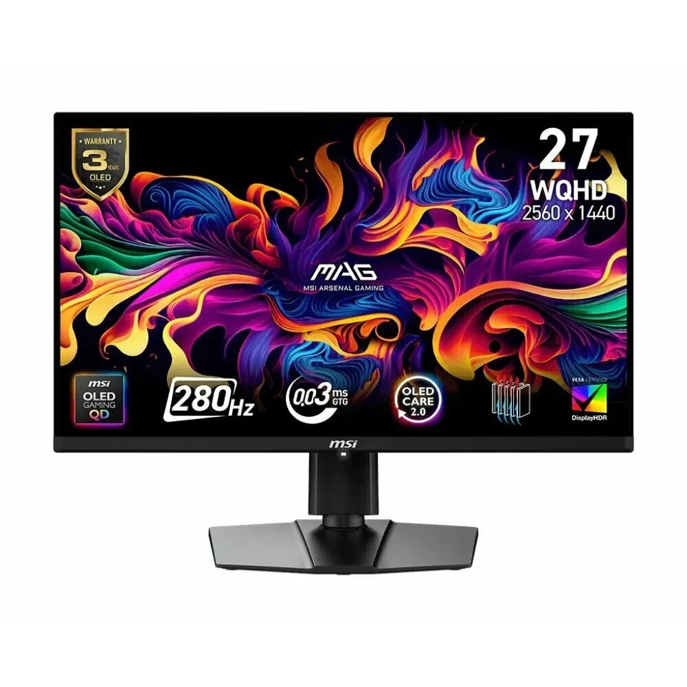 Монитор MSI MAG 271QP QD-OLED X28 26,5" 16:9 WQHD(2560x1440) QD-OLED Flat,True Black 400, 0.03ms(GTG), 1,5M:1, HDR Brightness 1000nits, 2xHDMI, DP, Type-C, Tilt,Swivel,Height,Pivot,VESA,280Hz,Black,