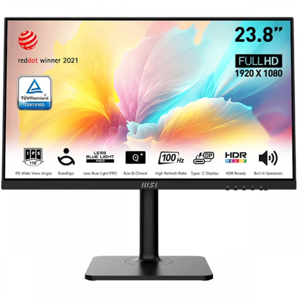 Монитор MSI Modern MD2412P 23.8" 16:9 FHD(1920x1080) IPS Flat,1ms(MPRT),1000:1,100M:1,300nit,178/178,HDMI 1.4,USB-C,Speaker,Tilt,Swivel,Height,Pivot,VESA,100Hz,Black,1y war-ty
