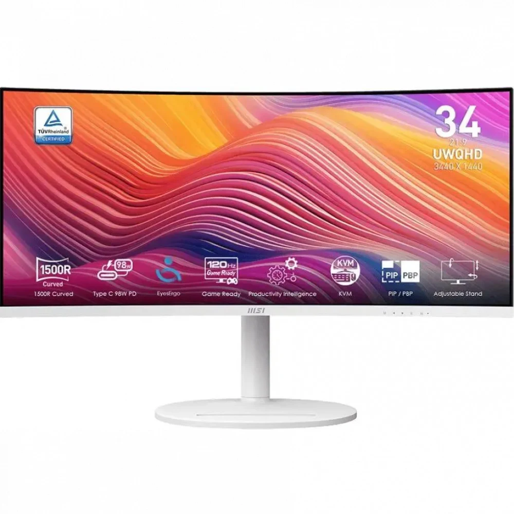 Монитор MSI Modern MD342CQPW 34" 21:9 UWQHD(3440x1440) VA Curve 1500R,1ms(MPRT),3000:1,100M:1,300nit,2*HDMI,1*DP,2xUSB Type-A,USB Type-B,USB Type-C,Speaker,Tilt,Swivel,Height,120Hz,White(white cable