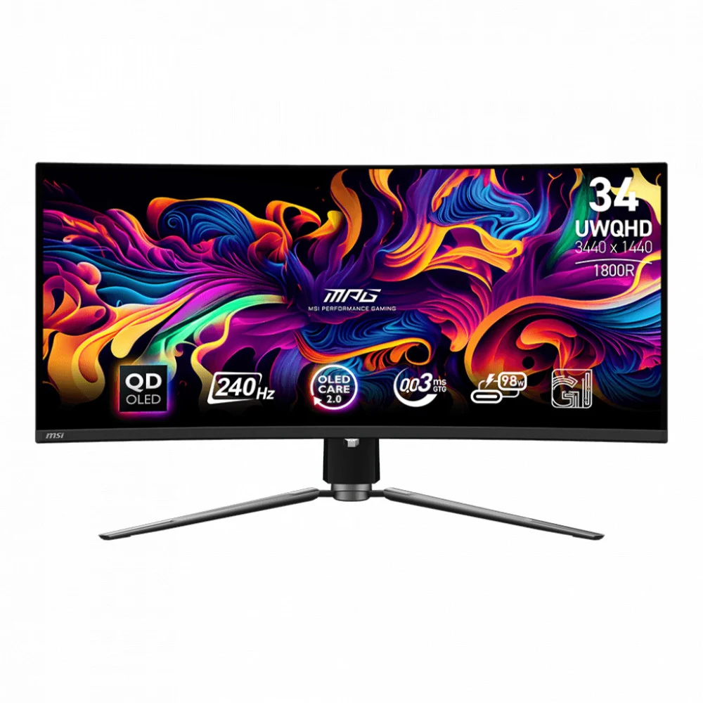Премиальный Изогнутый OLED Монитор 34" MSI MPG 341CQPX QD-OLED, 3440x1440 UWQHD 4K, 240Hz, Curved 1800R, 0.03ms, 1500000:1, Угол Обзора 178/178, 21:9, VESA 100x100, 2xHDMI, 1xDP, 1xType-c, 2xUSB 2.0