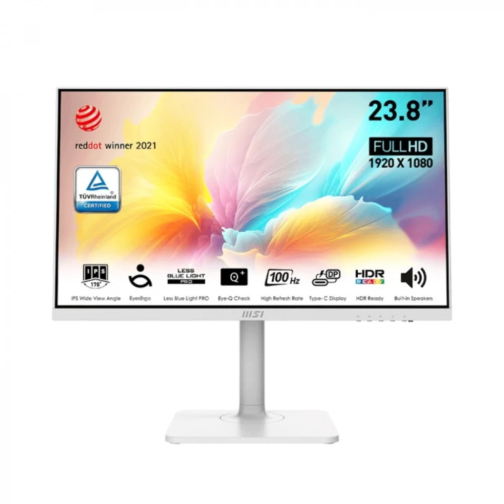 Монитор MSI Modern MD2412PW 23.8" 16:9 FHD(1920x1080) IPS Flat,1ms(MPRT),1000:1,100M:1,300nit,178/178,HDMI 1.4,USB-C,Speaker,Tilt,Swivel,Height,Pivot,VESA,100Hz,White,1y war-ty