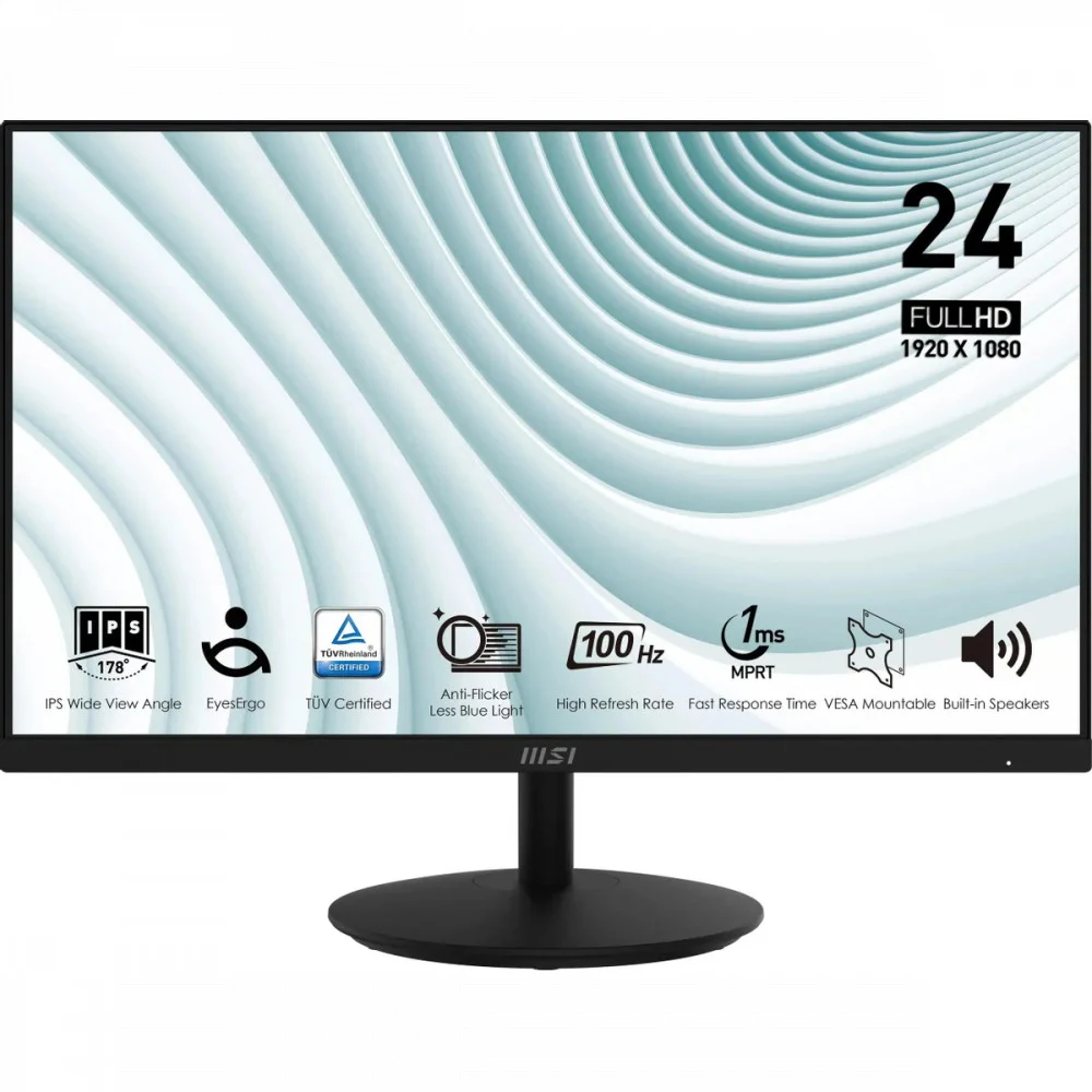 Монитор MSI PRO MP242A 23.8" 16:9 FHD(1920x1080) IPS Flat,1ms(MPRT),1000:1,100M:1,300nit,178/178,HDMI 1.4,DP 1.2,VGA(D-Sub),Speaker,Tilt,VESA,100Hz,Black,1y war-ty