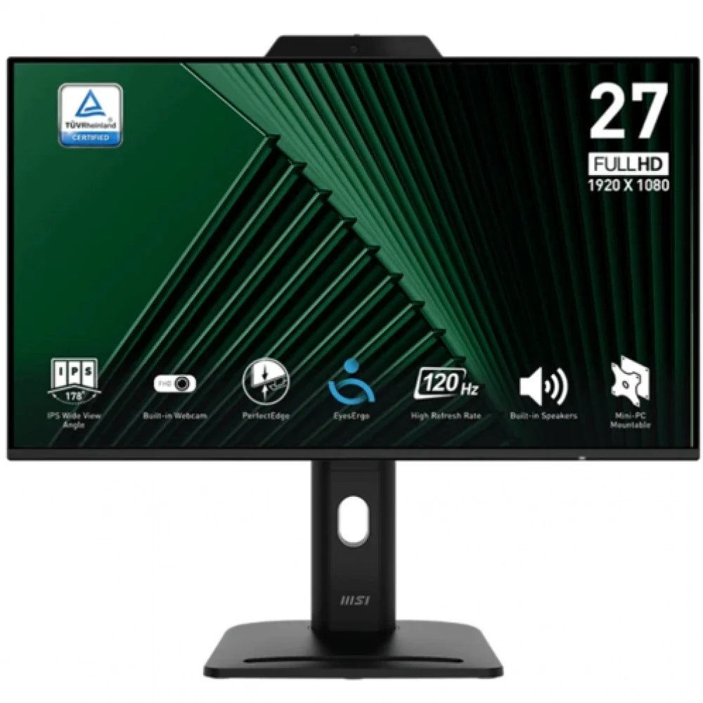 Монитор MSI PRO MP272PMG 27" 16:9 FHD(1920x1080) IPS Flat,Webcam,4ms(GTG),1500:1,100M:1,300nit,1xHDMI,1xDP,1xVGA,2xUSB-A,1xUSB-B,Speaker,Tilt,Swivel,Height,Pivot,VESA,120Hz,Black,1y war-ty