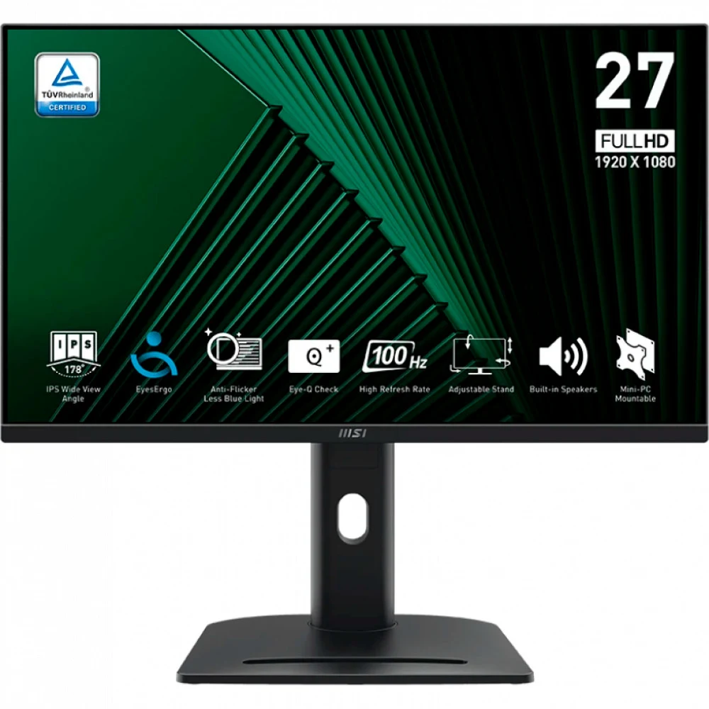 Монитор MSI PRO MP275PG 27" 16:9 FHD(1920x1080), IPS Flat, 1ms(MPRT), 1300:1, 100M:1, 300nits, 178/178, HDMI 1.4b, DP 1.2a, VGA, Speaker, Tilt, Swivel, Height, Pivot, 100HZ, Black, 1y war-ty