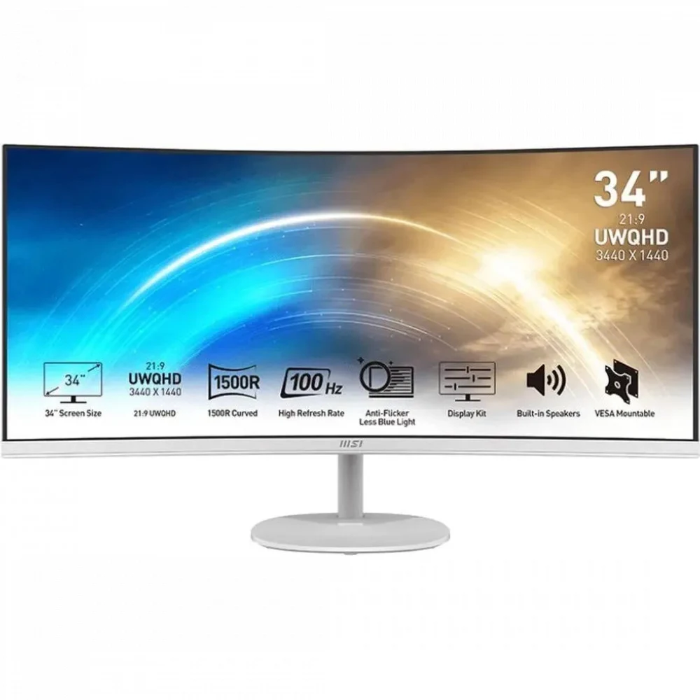Бизнес 4K Монитор 34" MSI PRO MP341CQW, VA 3440x1440 UWQHD, 100Hz, 4ms (GTG Min.) / 1ms MPRT, 3000:1, Curved 1500R, Угол Обзора 178/178, 21:9, VESA 100x100, 2xHDMI, 1xDP, 1xHeadphone-out, Колонки 2x