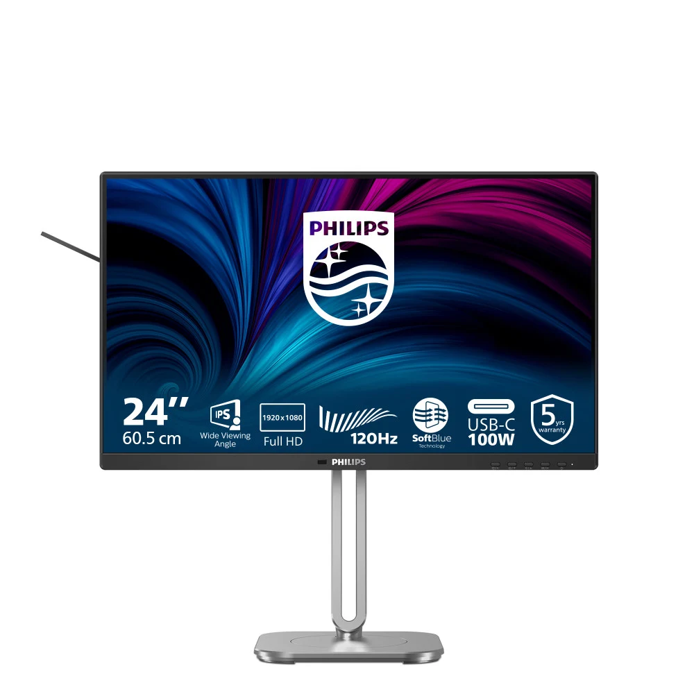 Монитор 23.8" PHILIPS 24B2U4301 IPS, 1920x1080, 120Hz, 4ms, 300сd/m, 1500:1 | HDMI(1.4), DP(1.4), Type-C(PD-100W), 3xUSB 3.2, RJ45 | HAS, Pivot, Swivel, InPSU, Speakers, Vesa 100, Black