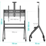 ONKRON Стойка TS2080cn ЧЕРНЫЙ Мобильная стойка для диагоналей 60"-120". Максимальная нагрузка: 150 кг, VESA: 200х200 ~ 1000х600 мм, Регулировка высоты: 1280 ~ 1580 мм. Кабель-канал внутри столбов, Р