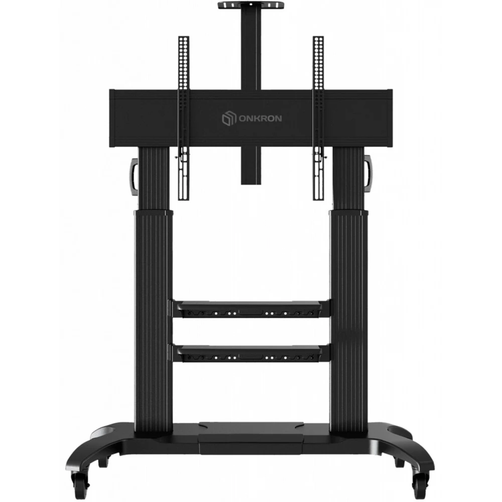 ONKRON Стойка TS2811 ЧЕРНЫЙ Мобильная стойка, Макс. нагрузка: 136,4 кг, VESA до 1000х600 мм. Регулировка высоты: 1400~1725 мм, Кабель-канал внутри столбов. Регулировка полок по высоте, Оснащена колё