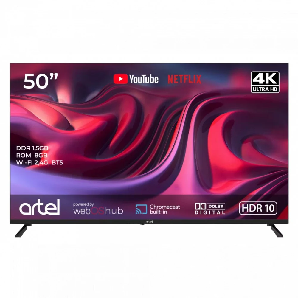 TV ART A50MQA800 Черный KZ Формат экрана16:9 Разрешение 3840x2160 Поддержка HD 4K UHD Технология Smart TV Да Диагональ экрана 50" - 127 см