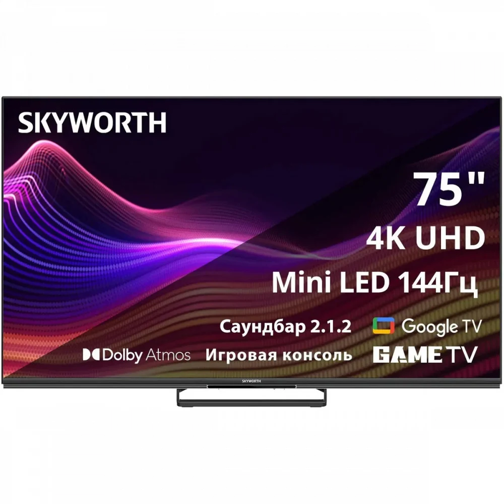 75", Ultra HD, QD-Mini LED, 400Nit, Local Dimming Zone 200, Google TV, DVB-T2/C/S2, 2.1.2ch Sound (30W + 20W SUB) Dolby Atmos, 180° звуковое поле, 144Hz, Freesync Premium (AMD), 3 HDMI, 2 USB, Digit