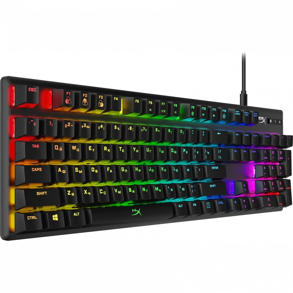 Клавиатура, HyperX, 639N5AA#ABA, Alloy Origins PBT HX Aqua, Игровая, Механическая, HyperX Aqua-Tactile switch, USB, кабель 1.8м, Подсветка RGB, Анг/Рус, Чёрный