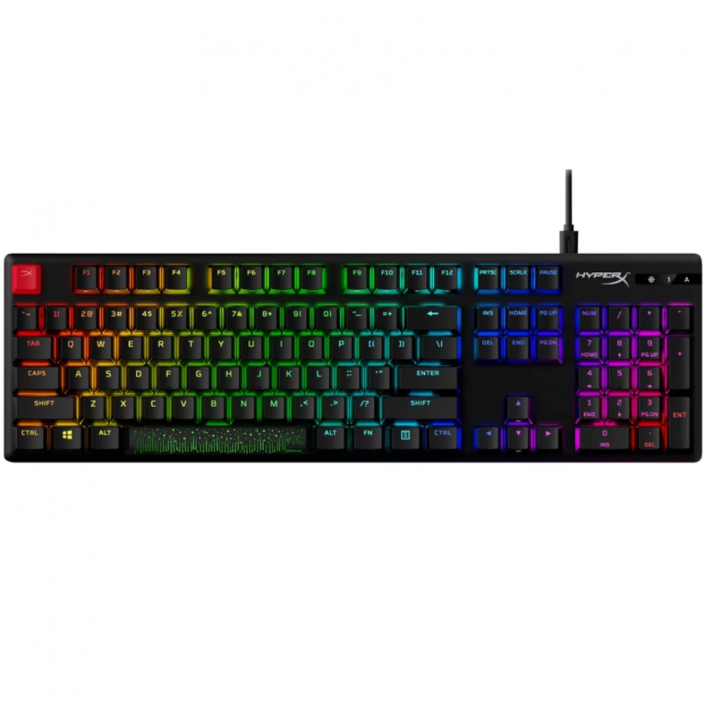 Клавиатура, HyperX, 639N3AA#ABA, Alloy Origins PBT HX Red, Игровая, Механическая, HyperX Red switch, USB, Подсветка RGB, Размер: 175,31*443,2*35,68 мм., Анг/Рус, Чёрный