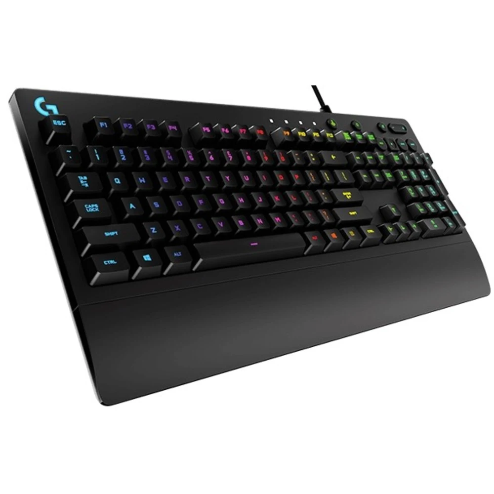 Клавиатура игровая Logitech G213 Prodigy [920-008092] черная, бесшумная, 112 клавиш (8 мультимедиа), RG-подсветка, подставка под запястья, защита от воды, USB 1,8м, {4}, (065963)