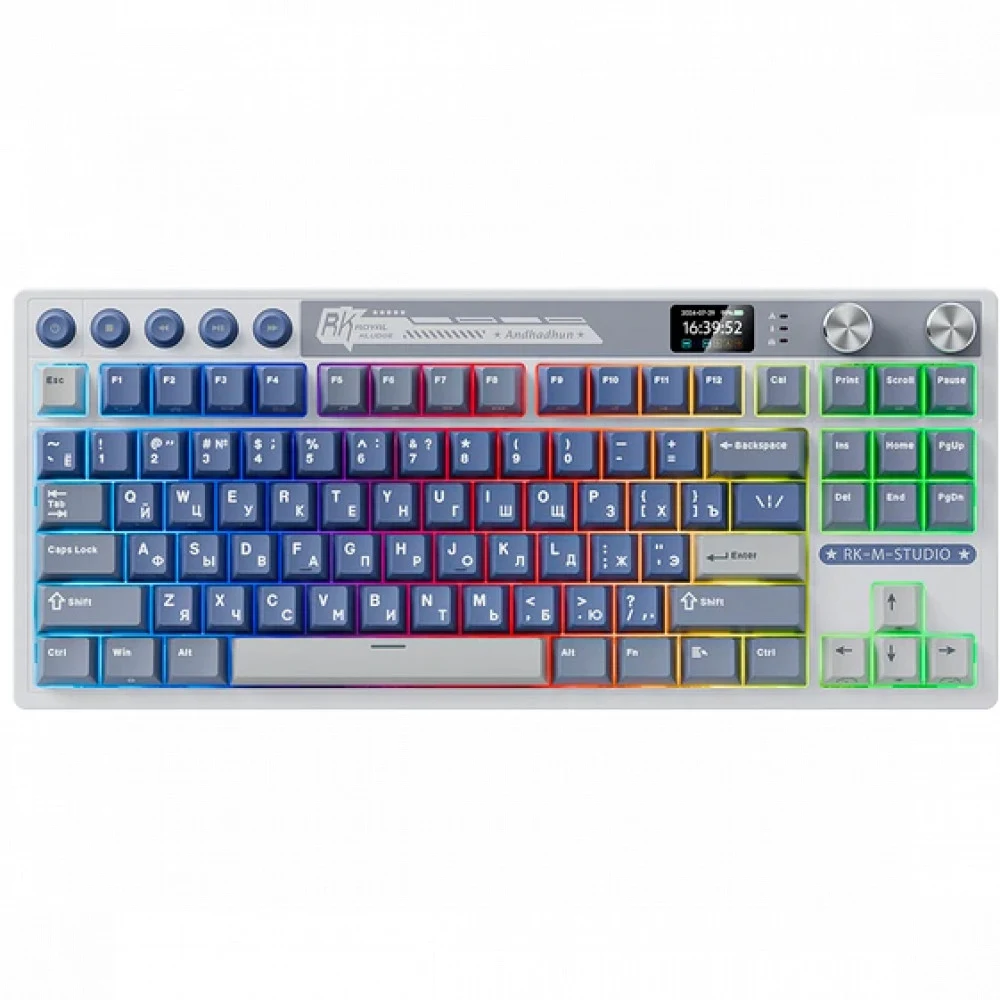 Классическая TKL) (без цифрового блока - 80%) механическая клавиатура Royal Kludge RK M87 - 3 типа подключения (Bluetooth радиоканал 2,4 ГГц провод), 87 клавиш, цвет Ocean Blue, переключатели RK Cre