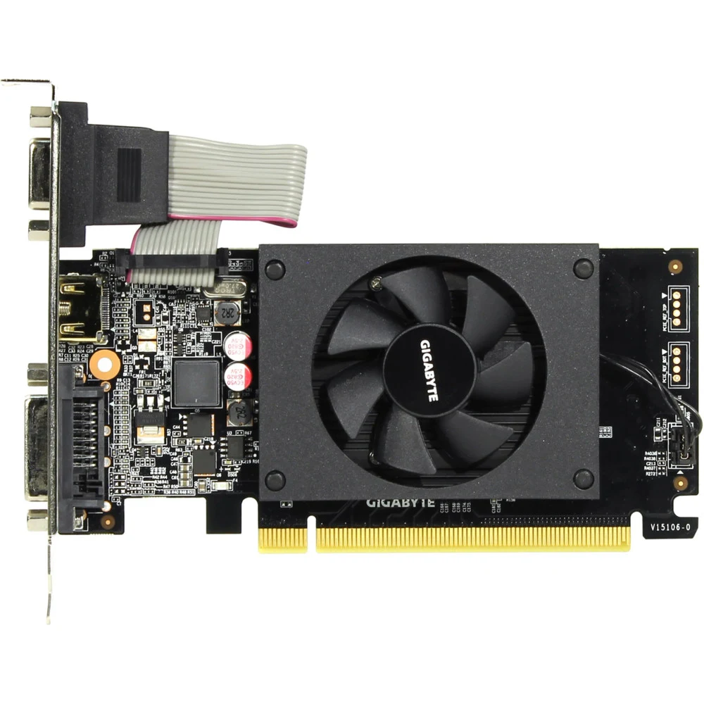 Видеокарта, Gigabyte, GT710 2G 64bit (GV-N710D3-2GL) 4719331316464, DDR3, 64B, DVI-D, HDMI, D-Sub, Fan, низкопрофильная панель, 21*144*68 мм, Цветная коробка
