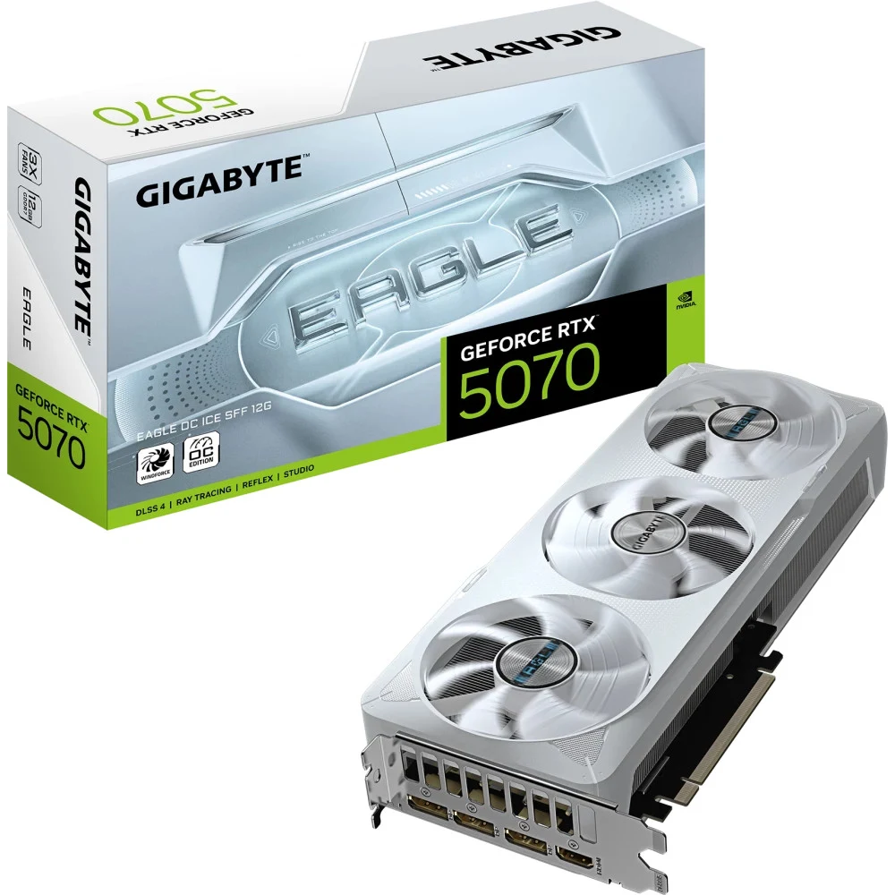 Видеокарта, Gigabyte, RTX5070 EAGLE OC ICE SFF 12G (GV-N5070EAGLEOC ICE-12GD) 4719331355777, GDDR7, 192bit, 1-HDMI, 3-DP, Windforce 3X Fan, 290*120*50 мм, Цветная коробка
