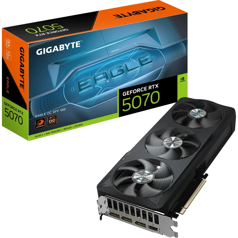 Видеокарта, Gigabyte, RTX5070 EAGLE OC SFF 12G (GV-N5070EAGLE OC-12GD) 4719331355760, GDDR7, 192bit, 1-HDMI, 3-DP,Windforce 3X Fan, 290*120*50 мм, Цветная коробка