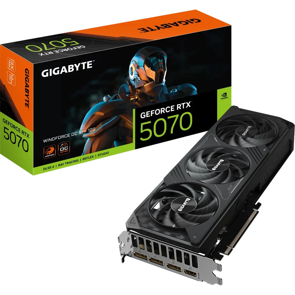Видеокарта, Gigabyte, RTX5070 WINDFORCE OC SFF 12G (GV-N5070WF3OC-12GD) 4719331355715, GDDR7, 192bit, 1-HDMI, 3-DP, Windforce 3X Fan, 282*110*50 мм, Цветная коробка