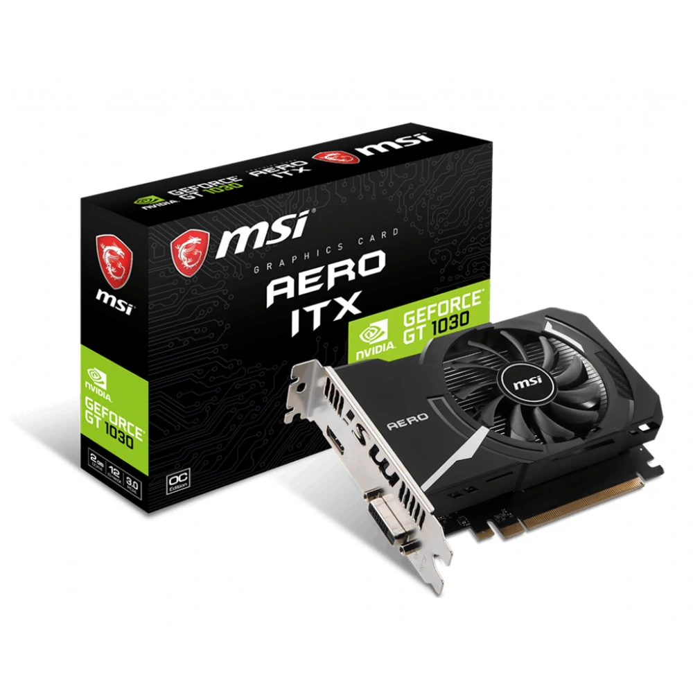 Видеокарта/ VGA MSI NVIDIA GeForce GT 1030 AERO ITX 2GD4 OC 2GB, DDR4/64-bit, PCIe 3.0, 1xDVI-D, 1xHDMI 2.0, 2-slot