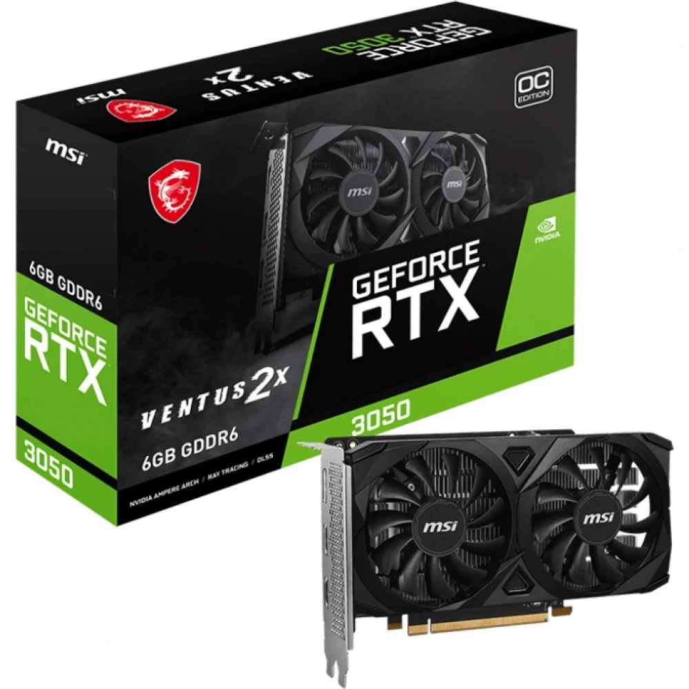 Видеокарта MSI PCI-E 4.0 RTX 3050 VENTUS 2X E 6G OC NVIDIA GeForce RTX 3050 6Gb 96bit GDDR6 1492/14000 HDMIx2 DPx1 HDCP Ret [RTX 3050 VENTUS 2X E 6G OC]