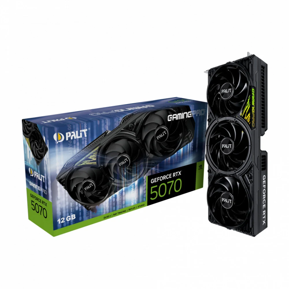 Видеокарта, PALIT, RTX5070 GAMINGPRO 12GB (4710562245059), (NE75070019K9-GB2050A), GDDR7, 192bit, 3-DP, HDMI, 331.9*127.1*60 мм, Цветная коробка
