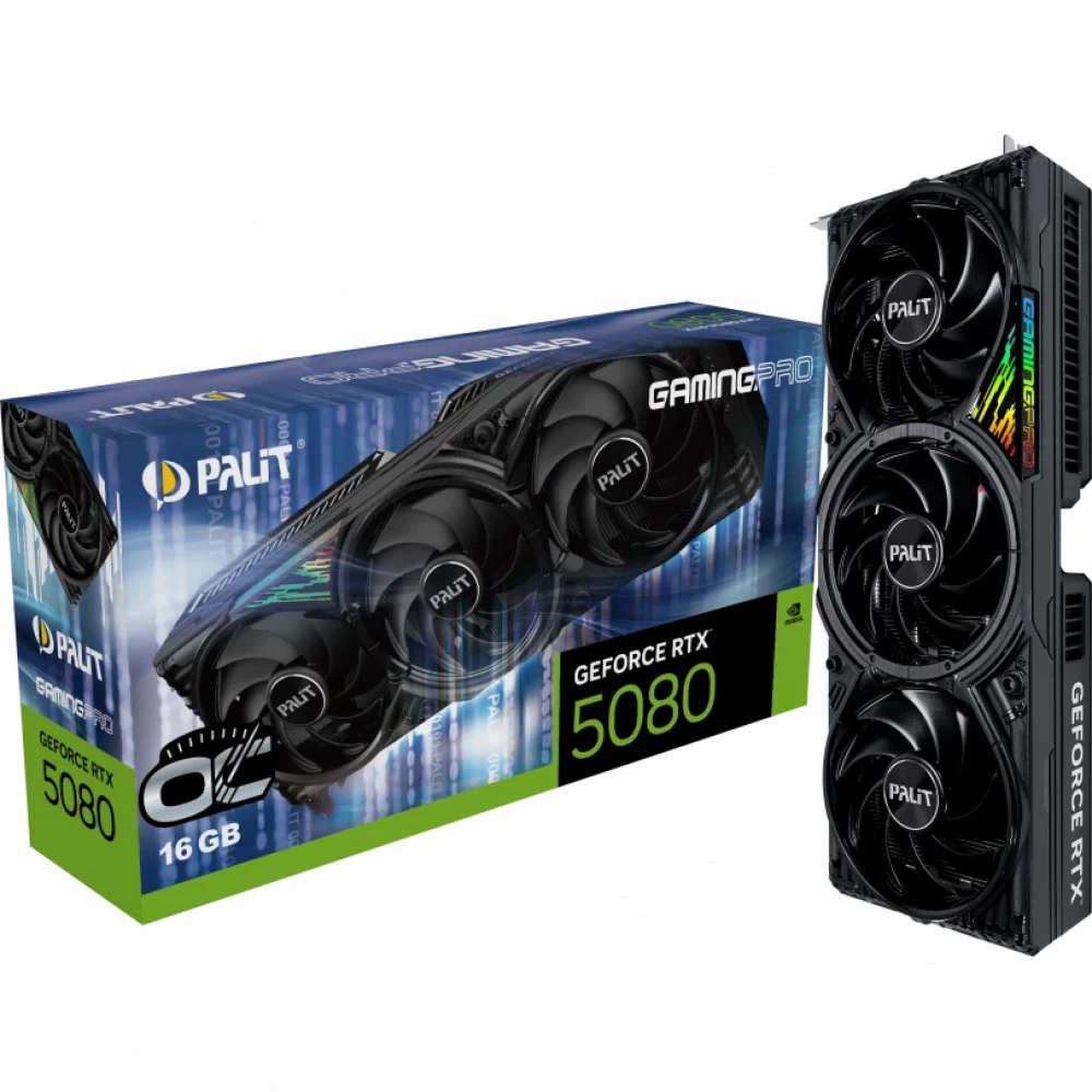Видеокарта, PALIT, RTX5080 GAMINGPRO OC 16GB (4710562244922), (NE75080S19T2-GB2031A), GDDR7, 256bit, 3-DP, HDMI, 331.9*127.1*60 мм, Цветная коробка