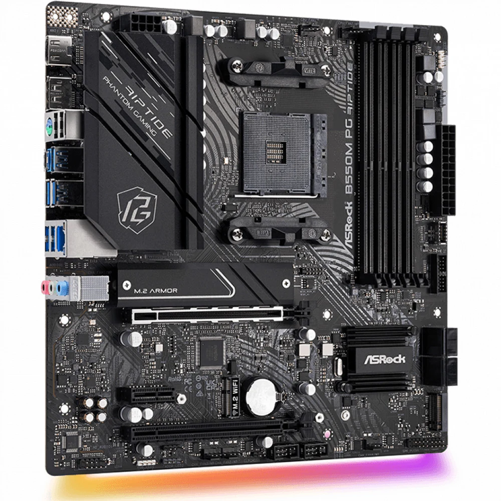 Материнская плата ASRock B550M PG RIPTIDE, Socket AM4, AMD B550, 4xDDR4-3200, HDMI+DP, 2xPCI-Ex16, 1xPCI-Ex1, 4xSATA3(RAID 0/1/10), 2xM.2, 8 Ch Audio, 1x2,5GLan, (4+4)xUSB2.0, (5+2)xUSB3.2, (1+1)xUS