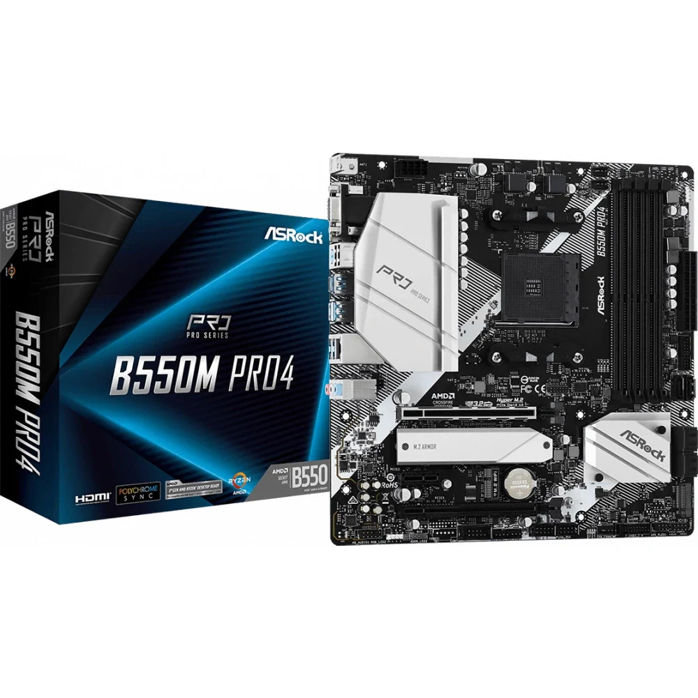 Материнская плата ASRock B550M PRO4, Socket AM4, AMD B550, 4xDDR4-3200, D-SUB+HDMI+DP, 2xPCI-Ex16, 1xPCI-Ex1, 6xSATA3(RAID 0/1/10), 2xM.2, 8 Ch Audio, 1xGLan, (2+4)xUSB2.0, (5+4)xUSB3.2, (1+0)xUSB3.