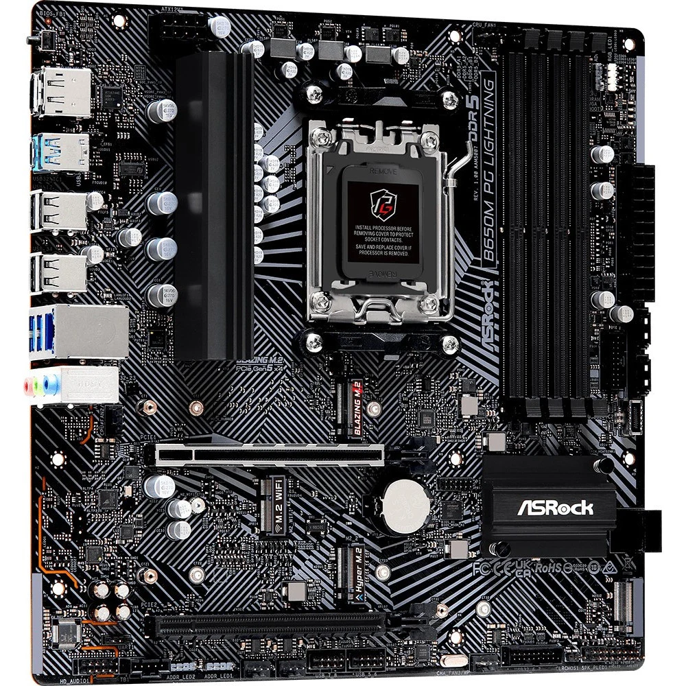 Материнская плата ASRock B650M PG LIGHNING, Socket AM5, AMD B650, 4xDDR5-5200, HDMI+DP, 2xPCI-Ex16, 4xSATA3(RAID 0/1/10), 3xM.2, 8 Ch Audio, 1x2.5GLan, (4+4)xUSB2.0, (3+4)xUSB3.2, (1+1)xUSB3.2 Type-
