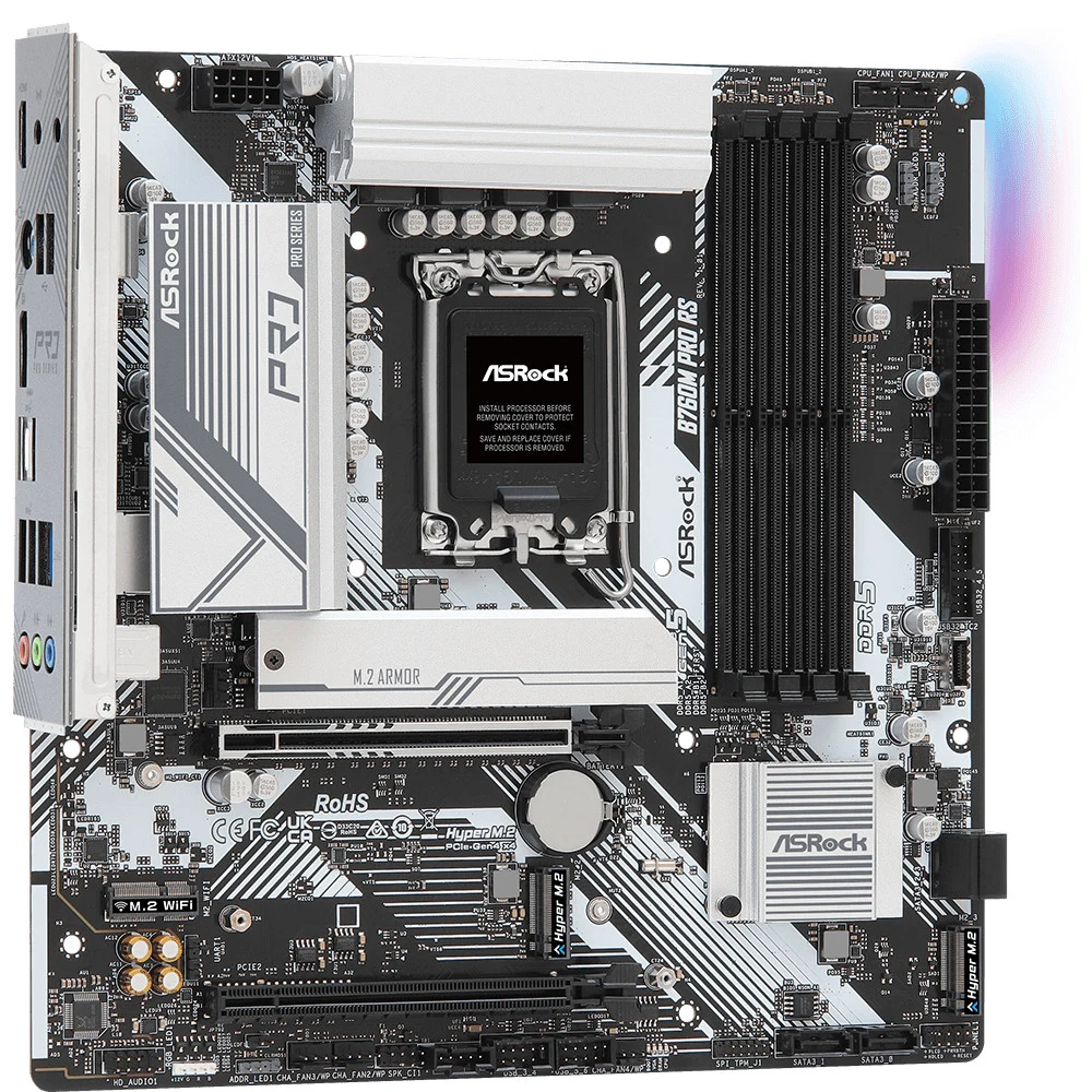 Материнская плата, ASRock, B760M PRO RS (4710483942723), LGA1700, iB760, 4xDDR5 3600/4000/4400/4800/7200+(OC), 4xSATA3, 3xM.2 (PCI-E 4.0x4), Raid, 1xDP, 1xHDMI, 1xPCI-Ex16, 1xPCI-Ex1, mATX