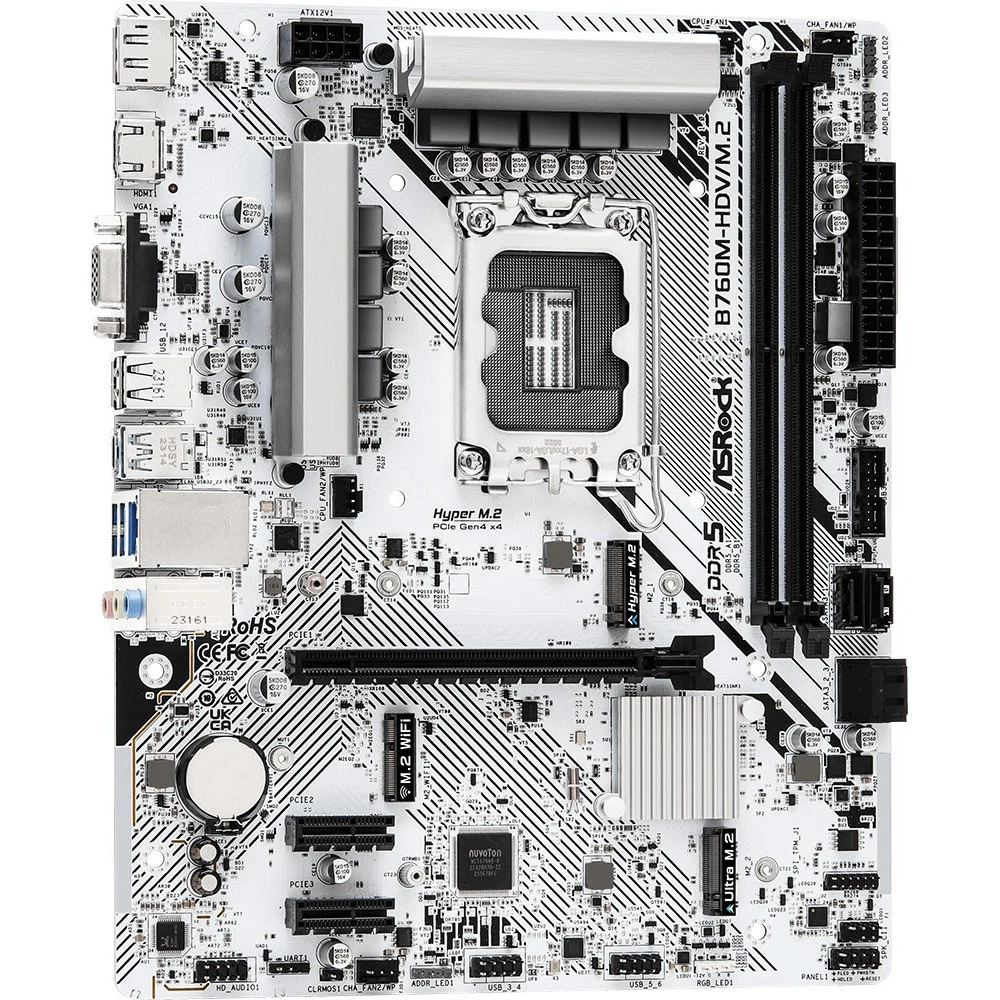 Материнская плата ASRock B760M-HDV/M.2, Socket 1700, Intel®B760, 2xDDR5-4800, D-SUB+HDMI+DP, 1xPCI-Ex16, 2xPCI-Ex1, 4xSATA3(RAID 0/1/5/10), 2xM.2, 8 Ch Audio, 1x2.5GLan, (2+4)xUSB2.0, (3+2)xUSB3.2,