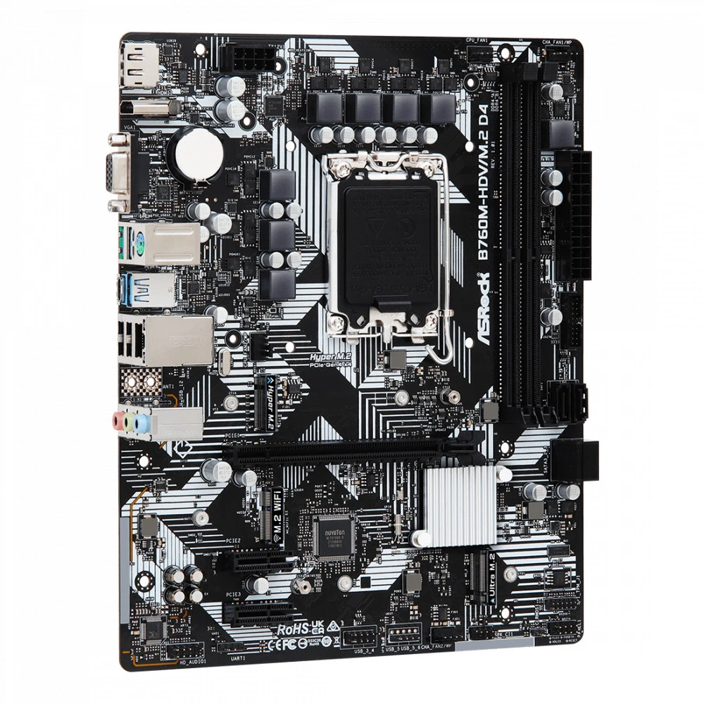 Материнская плата, ASRock, B760M-HDV/M.2 D4 (4710483942020), LGA1700, iB760, 2xDDR4 3200/5333+(OC), 4xSATA3, 2xM.2 (PCI-E 4.0x4, PCI-E 3.0x4 или SATA), Raid, 1xD-Sub, 1xDP, 1xHDMI, 1xPCI-Ex16, 2xPCI