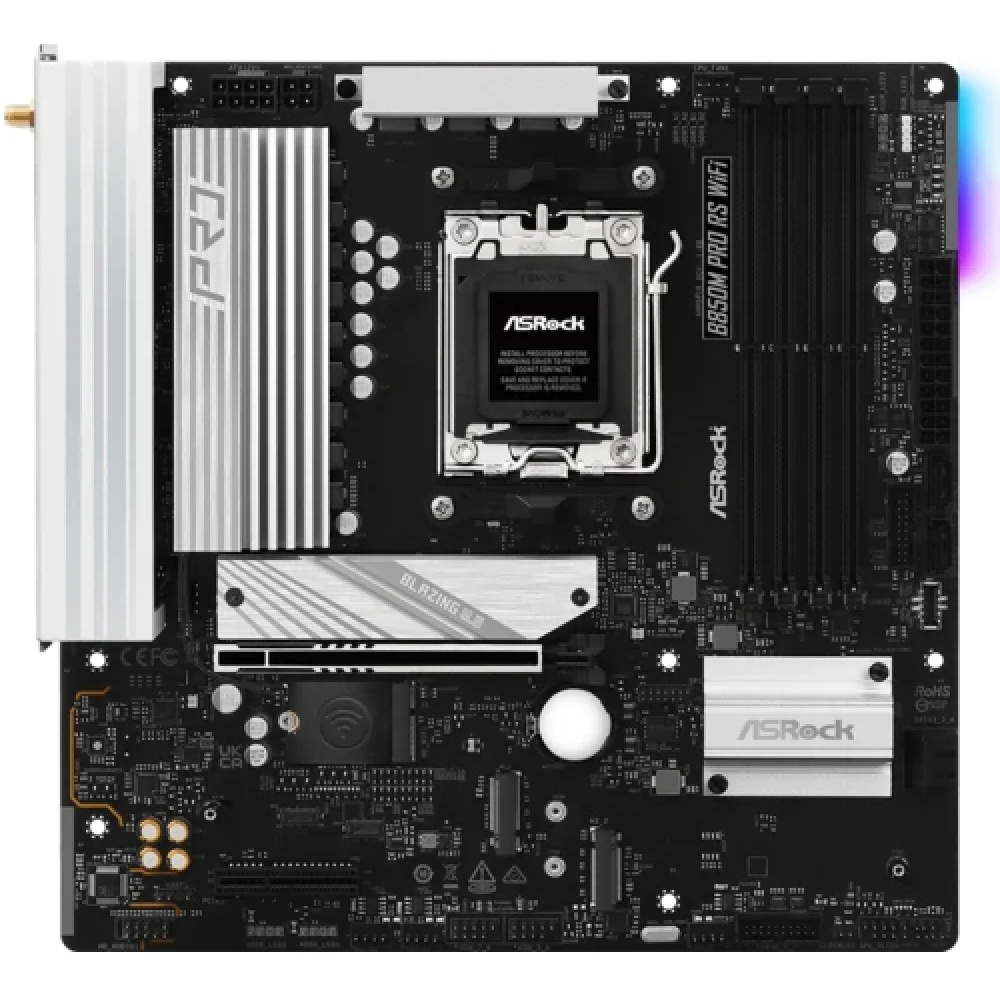 Материнская плата ASROCK B850M PRO RS WIFI, AM5, B850, 4*DDR5, 4*SATA, 3*M.2, 4*USB 2.0, 3*USB 3.2, Type-C, 2*PCIx16, 1*M.2 (Key E), HDMI+DP, mATX