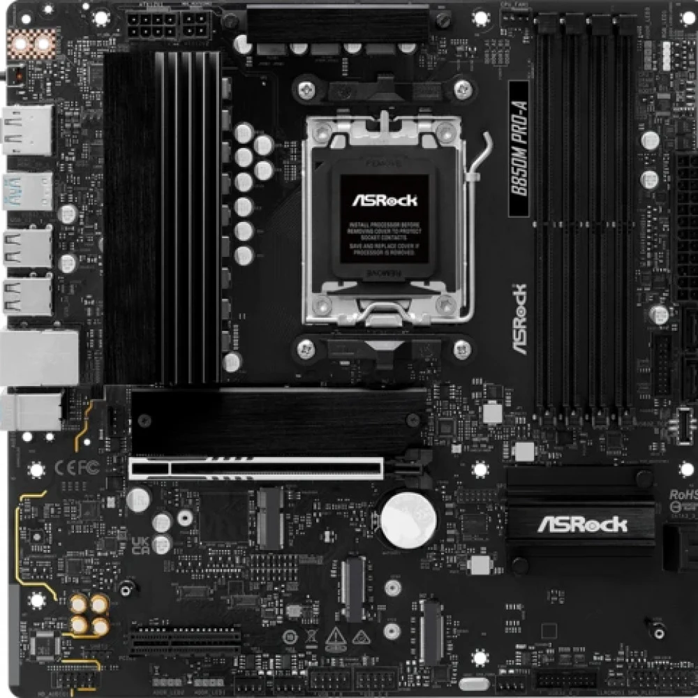 Материнская плата, ASRock, B850M PRO-A (4711581490390), AM5, B850, 4xDDR5 8000+(OC), 4xSATA3, 3xM.2 (1*PCI-E 5.0x4, 2*PCI-E 4.0x4), Raid, 1xDP, 1xHDMI, 1xPCI-Ex16, 1xPCI-Ex4, mATX
