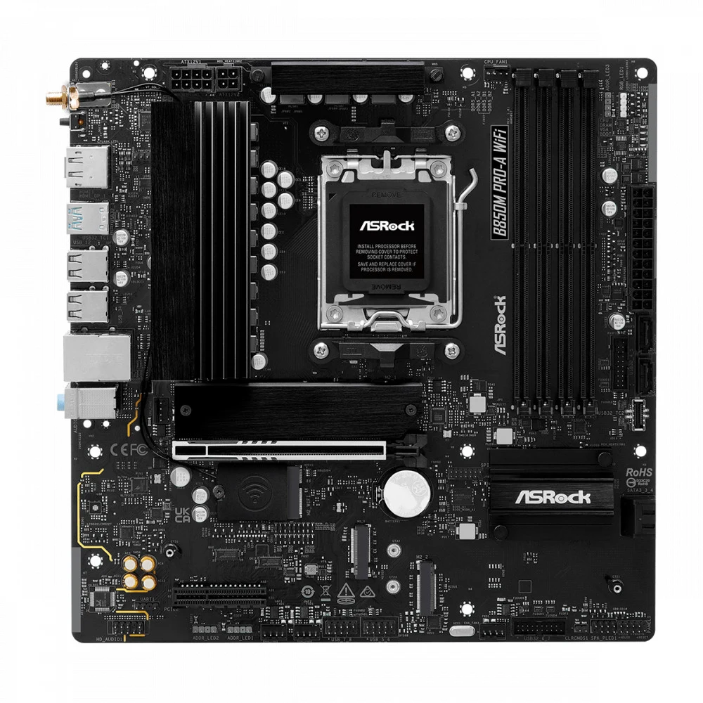 Материнская плата, ASRock, B850M PRO-A WIFI (4711581490376), AM5, B850, 4xDDR5 8000+(OC), 4xSATA3, 3xM.2 (1*PCI-E 5.0x4, 2*PCI-E 4.0x4), Raid, 1xDP, 1xHDMI, 1xPCI-Ex16, 1xPCI-Ex4, WiFi, mATX