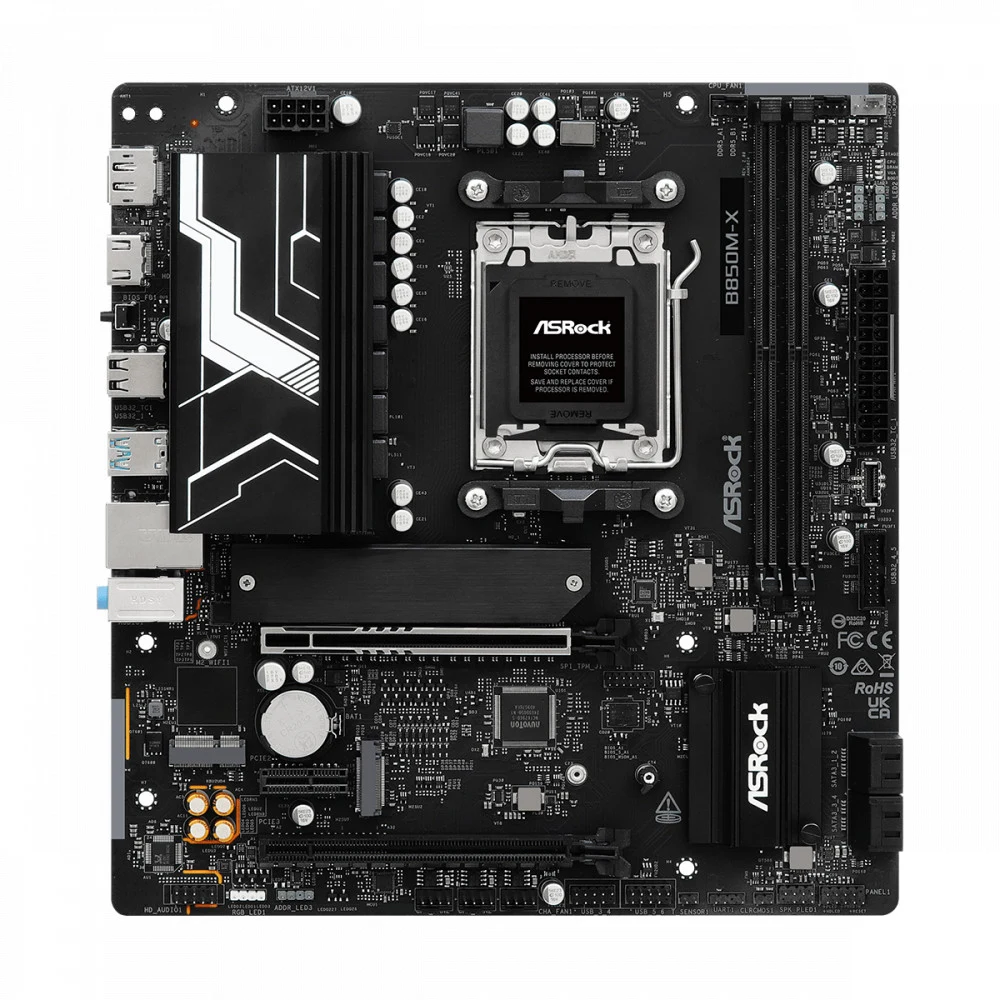 Материнская плата ASROCK B850M-X R2.0, AM5, B850, 2*DDR5, 4*SATA, 2*M.2, 2*USB 2.0, 3*USB 3.2, Type-C, 2*PCIx16, 1*M.2 (Key E), HDMI+DP, mATX