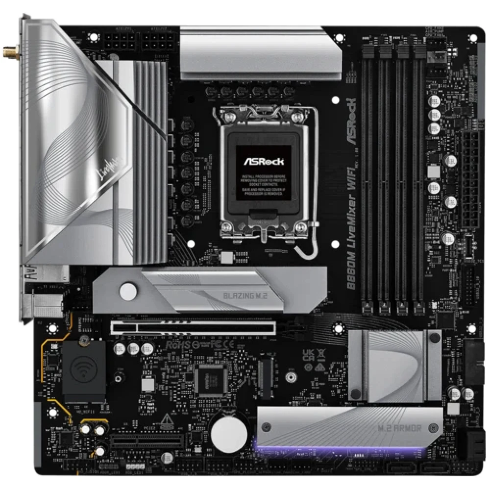 Материнская плата, ASRock, B860M LIVEMIXER WIFI (4711581490314), LGA1851, B860, 4xDDR5 4400/4800/5600/8666+(OC), 4xSATA3, 3xM.2 (PCI-E 4.0x4), Raid, 1xHDMI, 1xIntel® Thunderbolt™ 4, 1xPCI-Ex16, 1xPC
