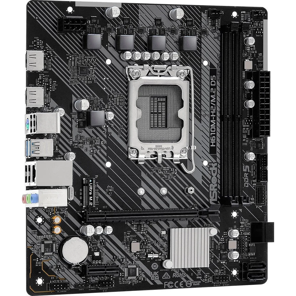 Материнская плата ASRock H610M-H2/M.2 D5, Socket 1700, Intel®H610, 2xDDR5-4800, HDMI+HDMI, 1xPCI-Ex16, 1xPCI-Ex1, 4xSATA3, 1xM.2, 8Ch Audio, GLan, (4+2)xUSB2.0, (2+2)xUSB3.2, 1xPS/2, mATX, RTL