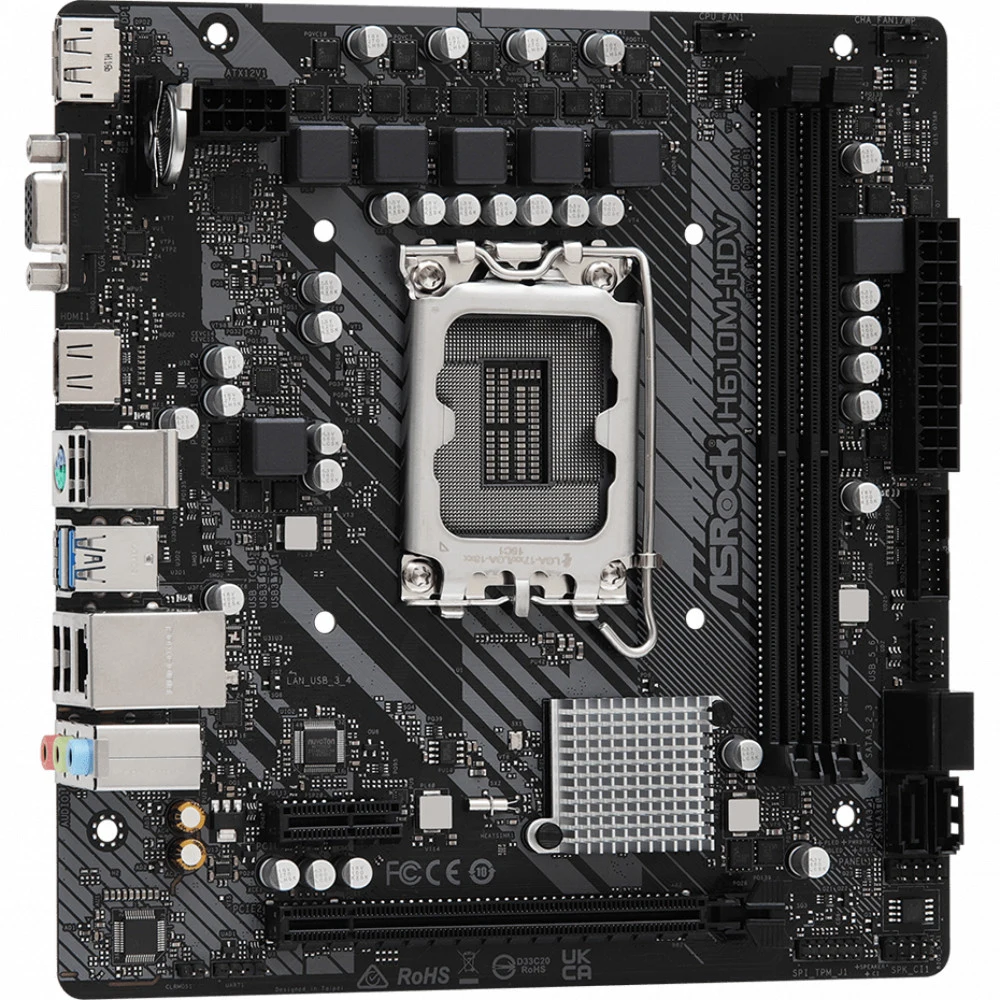 Материнская плата ASRock H610M-HDV, Socket 1700, Intel®H610, 2xDDR4-3200, D-SUB+HDMI+DP, 1xPCI-Ex16, 1xPCI-Ex1, 4xSATA3, 8 Ch Audio, 1xGLan, (4+2)xUSB2.0, (2+2)xUSB3.2, 1xPS/2, mATX, RTL {20} (93666