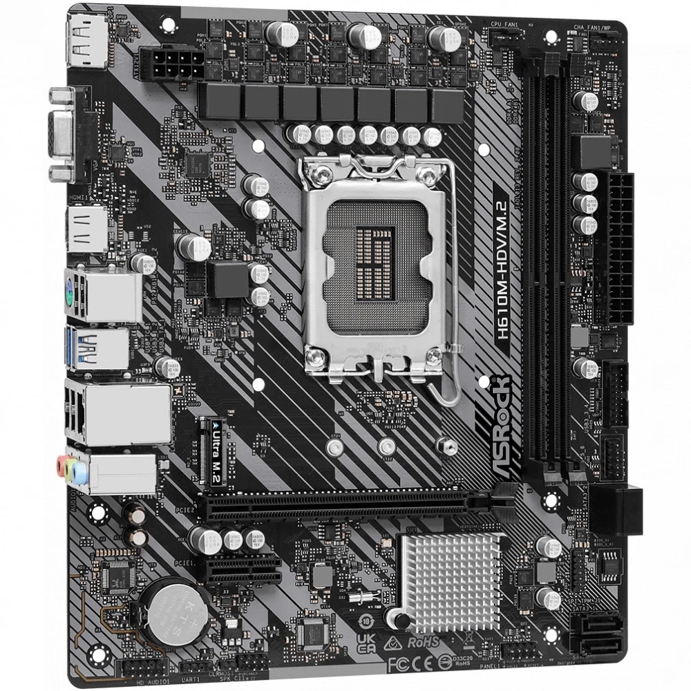 Материнская плата, ASRock, H610M-HDV/M.2 R2.0 (4710483939860), LGA1700, iH610, 2xDDR4 2666/2933/3200MHz, 4xSATA3, 1xM.2 (PCI-E 3.0x4), 1xD-Sub, 1xHDMI, 1xDP, 1xPCI-Ex16, 1xPCI-Ex1, mATX