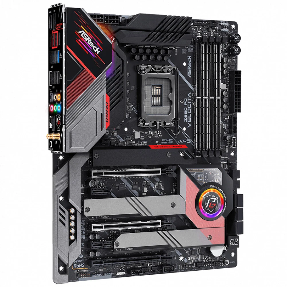 Z690 PG Velocita, Socket 1700, Intel®Z690, 4xDDR5-4400, HDMI+DP, 3xPCI-Ex16, 1xPCI-Ex1, 6xSATA3 (RAID 0/1/5/10), 4xM.2, 8 Ch Audio, 1xGLan, 1x2.5GLan, WiFi, (2+2)xUSB2.0, (7+4)xUSB3.2, (1+1)xUSB3.2