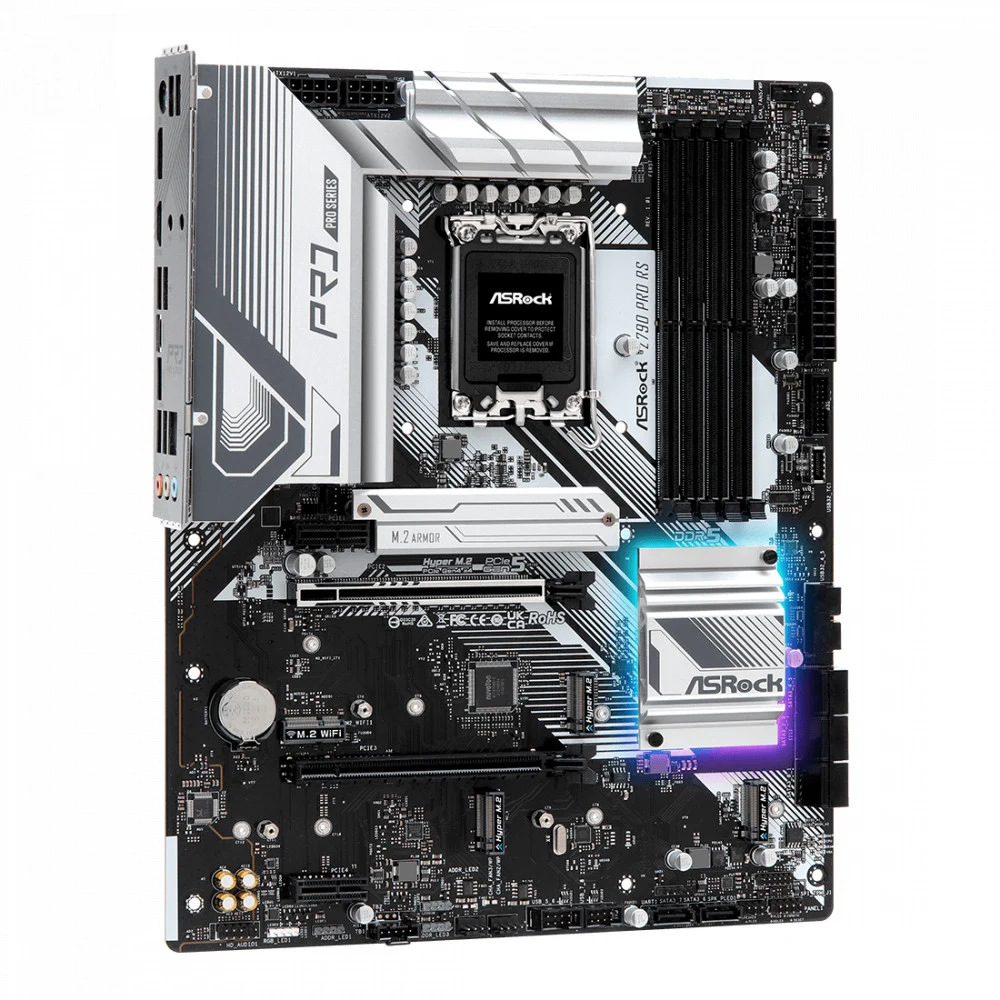 Материнская плата ASRock Z790 PRO RS, Socket 1700, Intel®Z790, 4xDDR5-4800, HDMI+DP, 2xPCI-Ex16, 2xPCI-Ex1, 8xSATA3(RAID 0/1/5/10), 4xM.2, 8 Ch Audio, 1x2.5GLan, (4+4)xUSB2.0, (3+4)xUSB3.2, (1+1)xUS